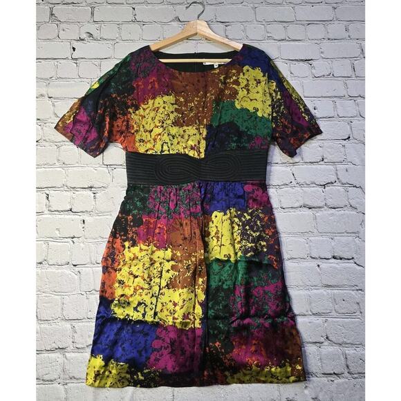 Trina Turk 100% Silk Shanghai Rainbow Thick Waistline Short Sleeve Dress Size 10 - Picture 2 of 13